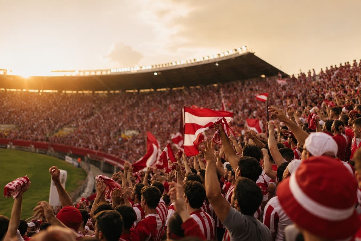 Adeptos de vermelho e branco a celebrar com bandeiras erguidas numa bancada cheia ao pôr do sol