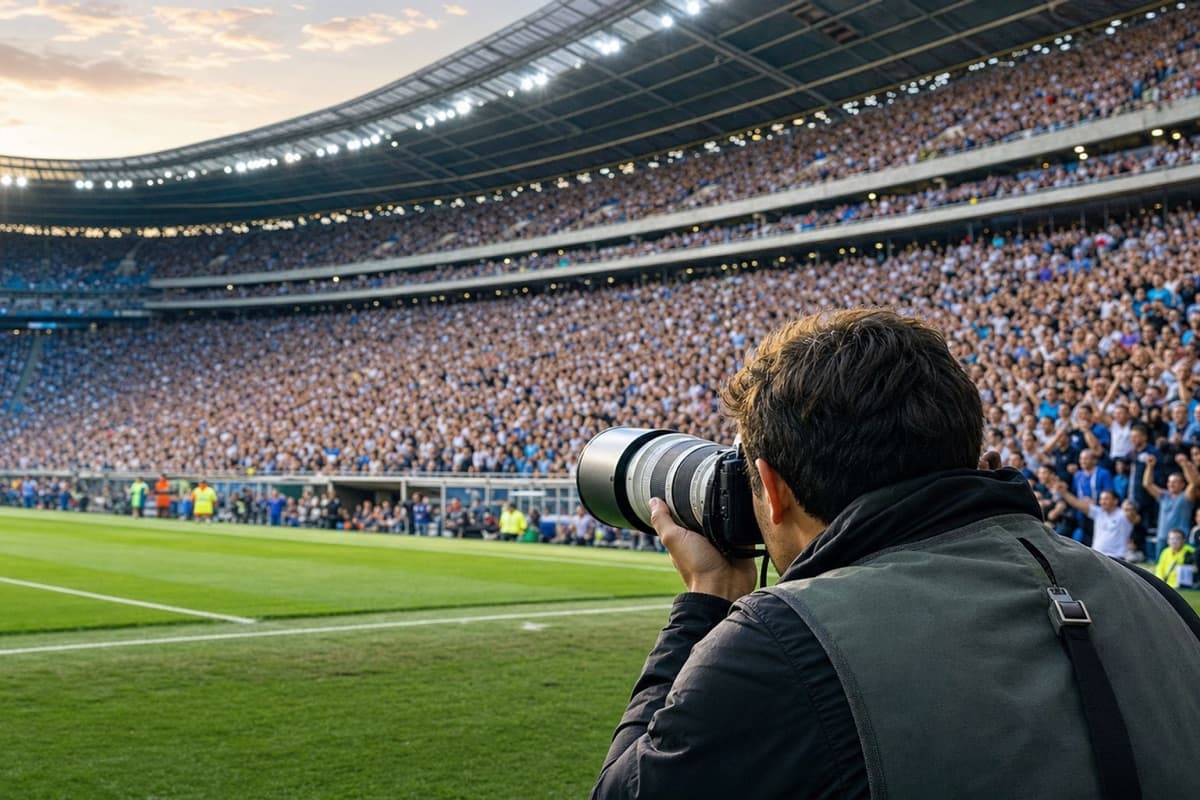 Fotógrafo junto ao campo a fotografar um estádio com a bancada cheia
