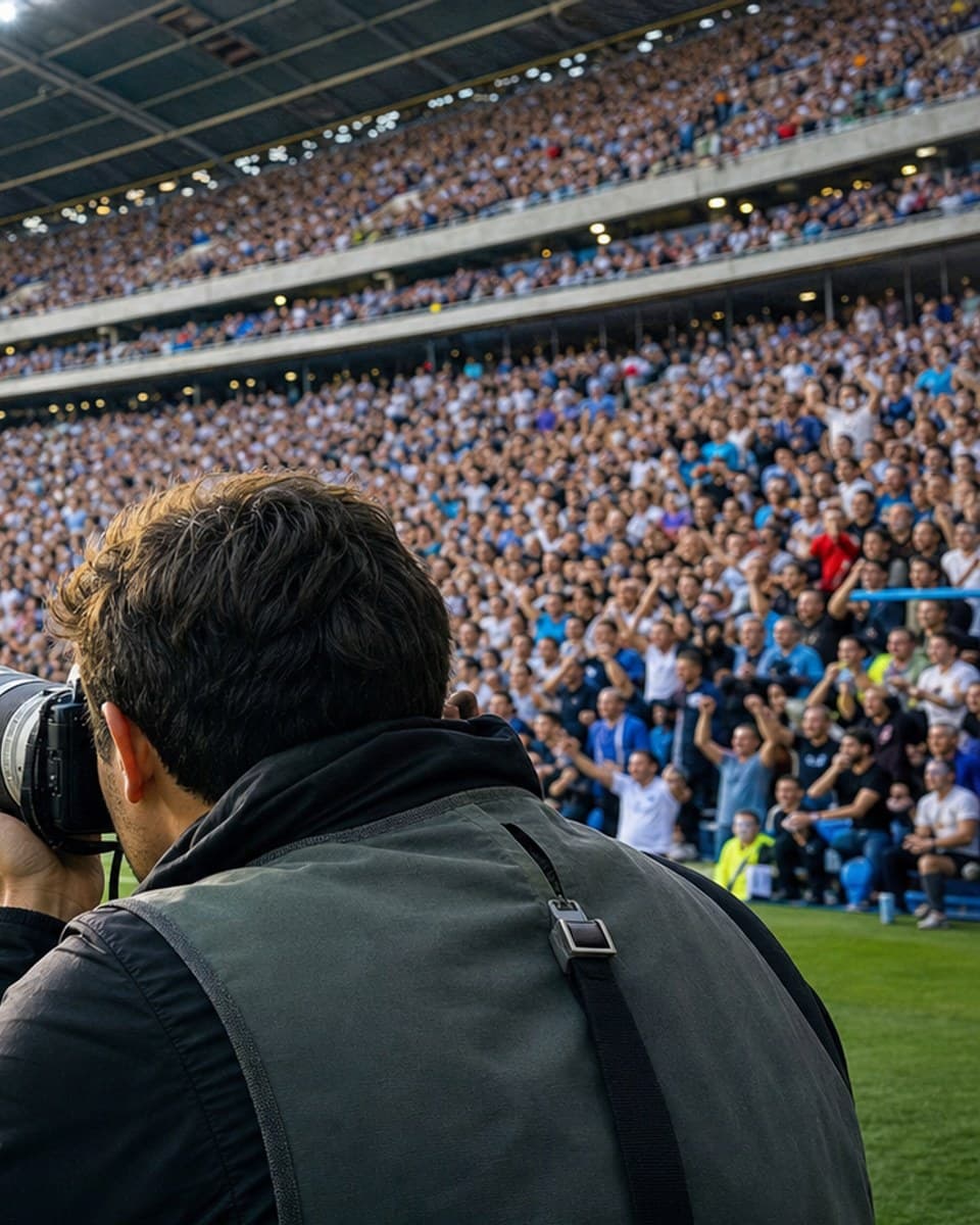 Fotógrafo profissional registrando o público durante um evento desportivo